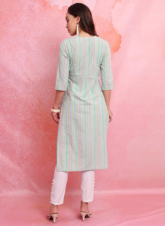 فيشود بلو مخطط برقبة على شكل حرف  وأكمام ثلاثة أرباع كورتا إمبراطورية - Image 3