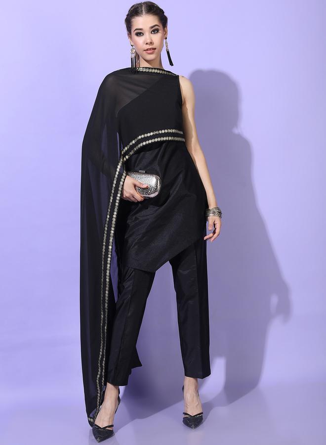 Vishudh Black Georgette One Shoulder Kurta with Trouser by Styli  - Image 5