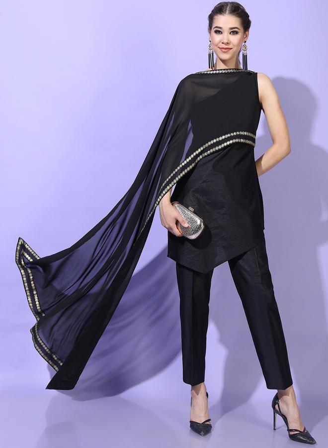 Vishudh - Black Georgette One Shoulder Kurta with Trouser by Styli - Image 1