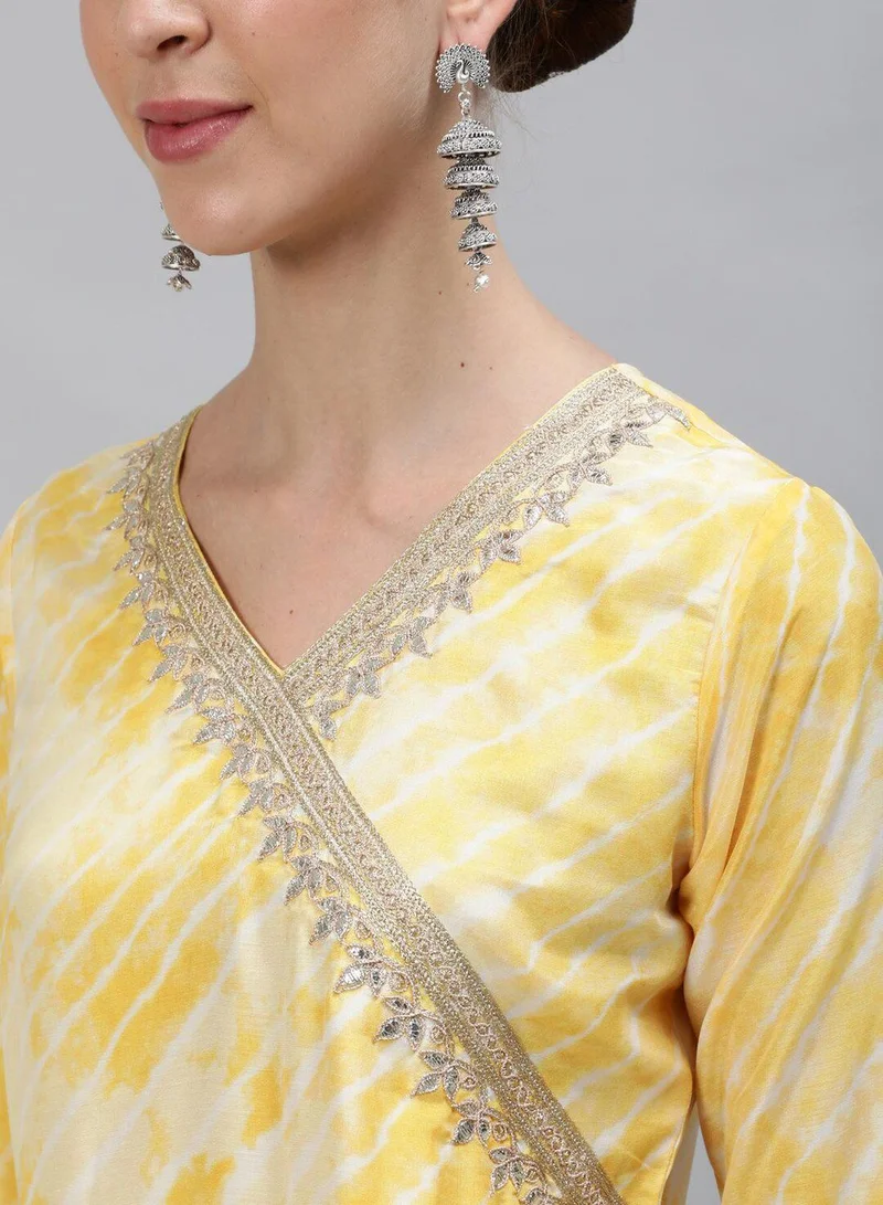 آي شين Regular Fit Three-Quarter Sleeve Printed Yellow Silk Woven Kurta Set For Women Flat Collar Perfect For Wedding And Engagement Pull On Closure