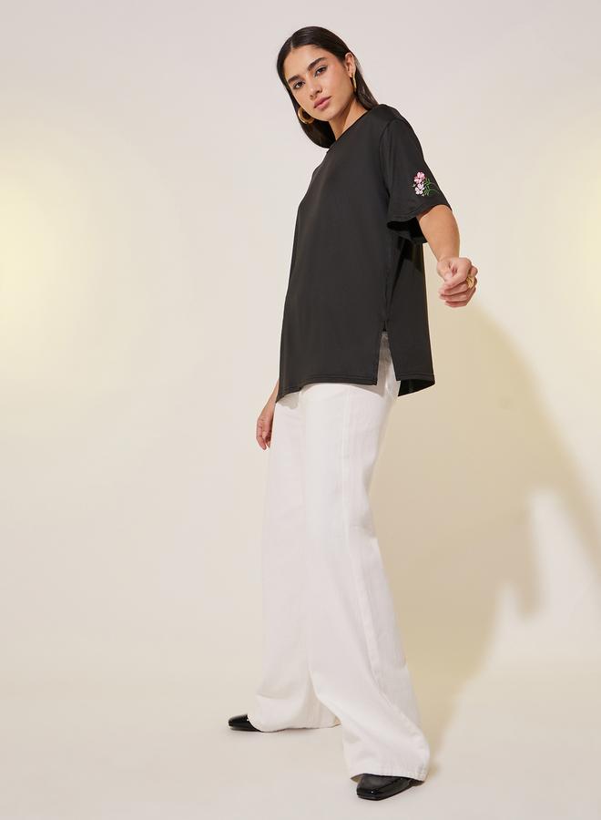 Take Two Round Neck Sleeve Embroidered Detail T-Shirt  - Image 2