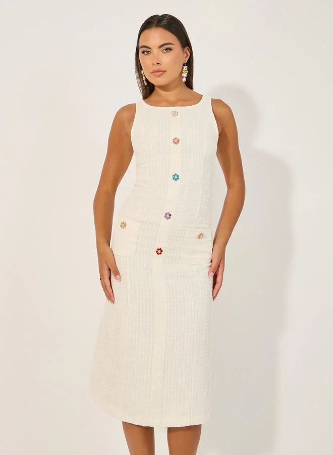 Styli Tweed Sleeveless A-Line Midi Dress with Button Detail