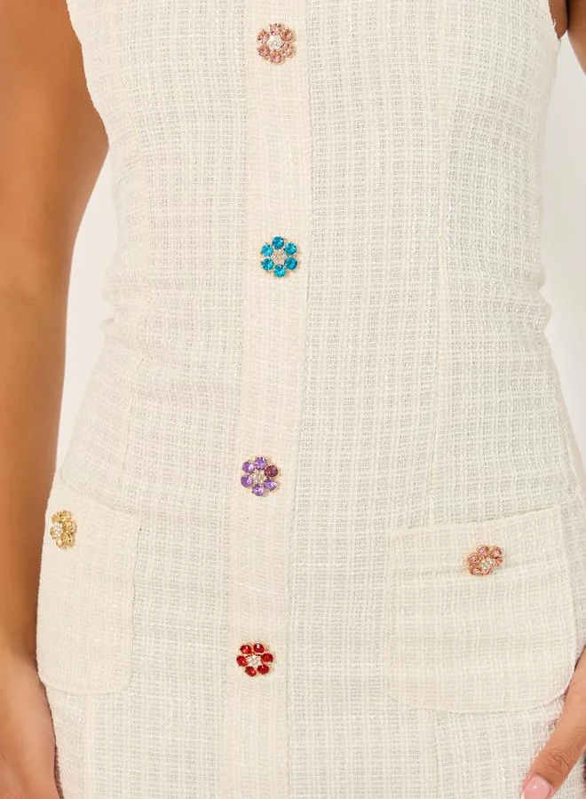 Styli Tweed Sleeveless A-Line Midi Dress with Button Detail