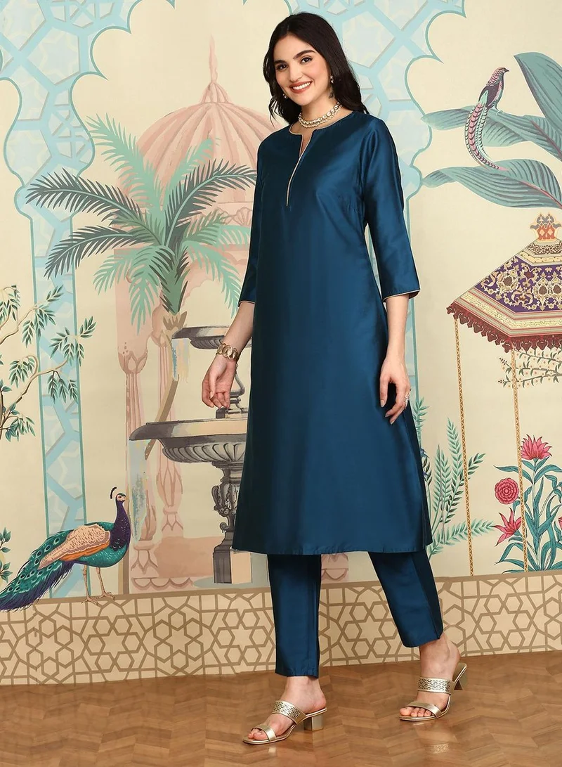 ISHIN Women's Navy Blue Polyester Blend Embellished Tunic Full Length Casual Straight Fit Kurta Set