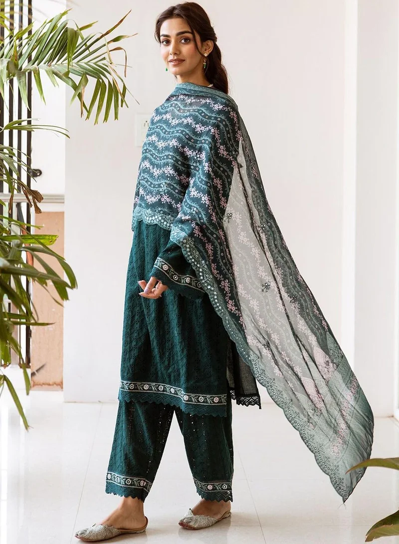 ISHIN Women Green Cotton Kurta set with Dupatta