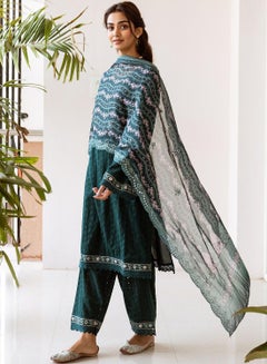 ISHIN Women Green Cotton Kurta set with Dupatta  - Image 3