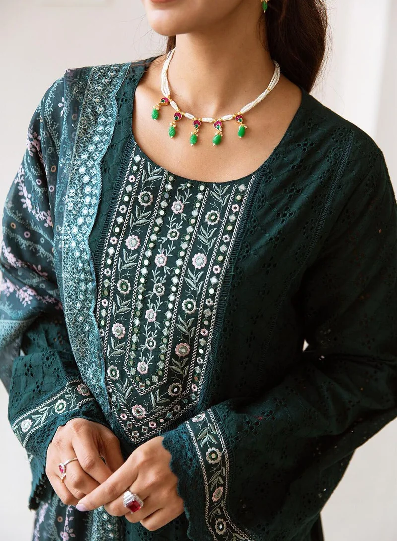 آي شين Women Green Cotton Kurta set with Dupatta