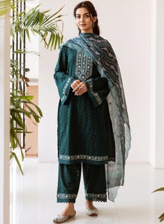 ISHIN Women Green Cotton Kurta set with Dupatta  - Image 1