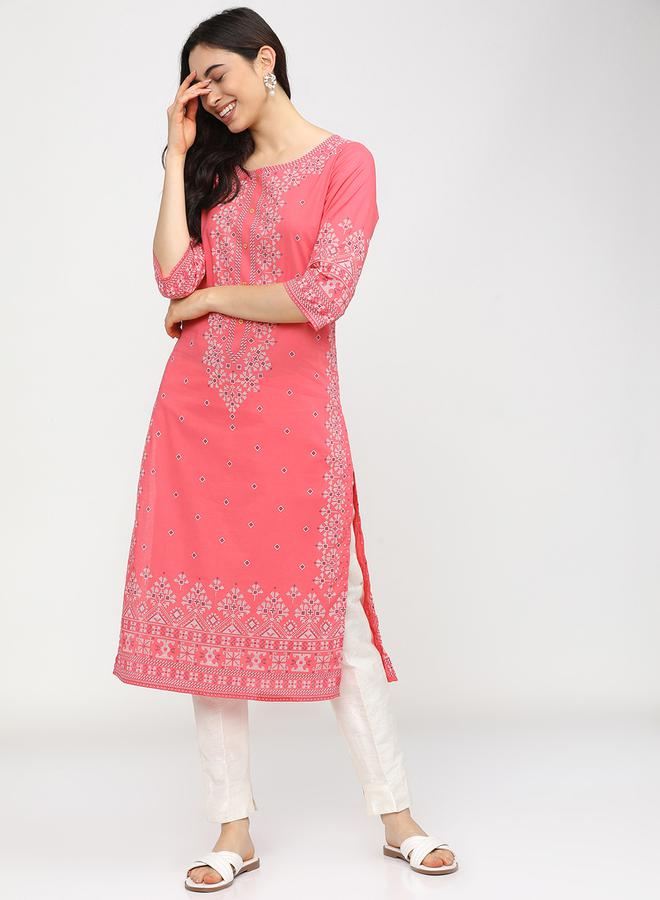 Vishudh Women Pink & White Geometric Printed Cotton Kurta by Styli  - Image 1