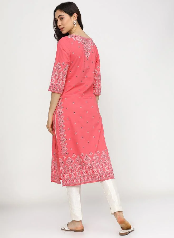 Vishudh Women Pink & White Geometric Printed Cotton Kurta by Styli