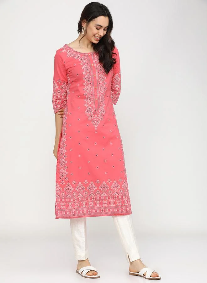 Vishudh Women Pink & White Geometric Printed Cotton Kurta by Styli