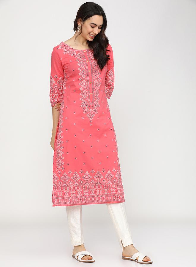 Vishudh Women Pink & White Geometric Printed Cotton Kurta by Styli  - Image 5
