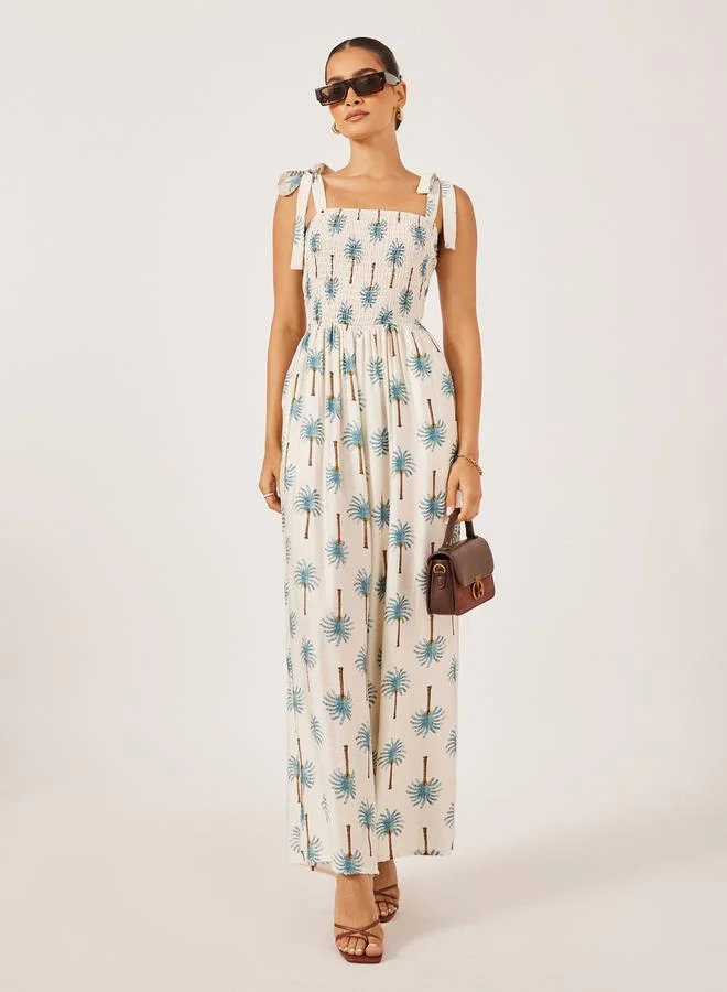 Styli Blue Palm Print Print Wide Leg Jumpsuit