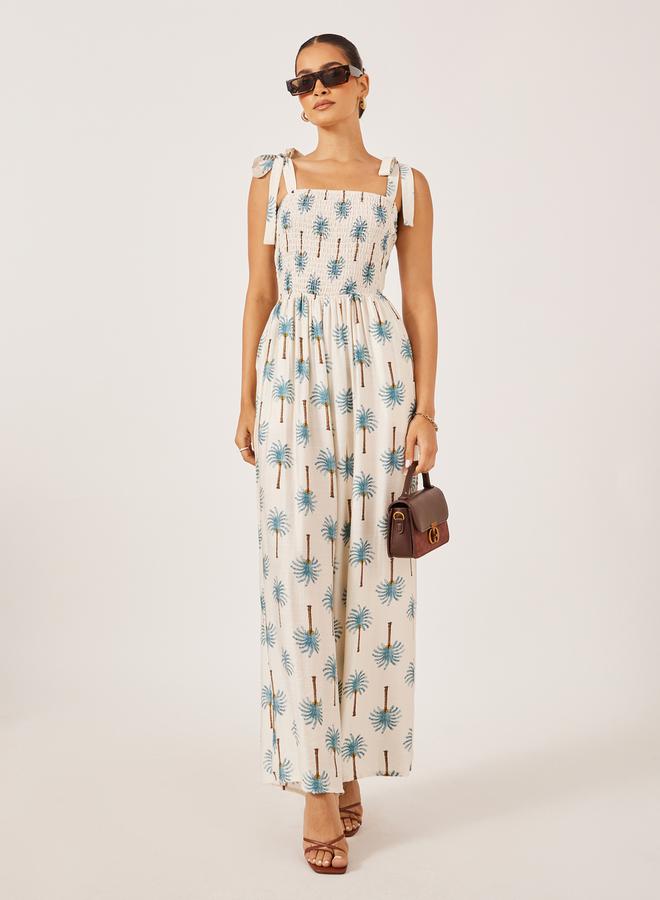 Styli Blue Palm Print Print Wide Leg Jumpsuit  - Image 2