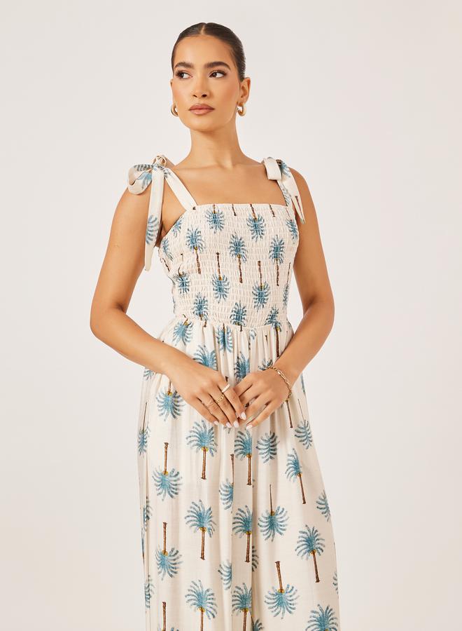 Styli Blue Palm Print Print Wide Leg Jumpsuit  - Image 3