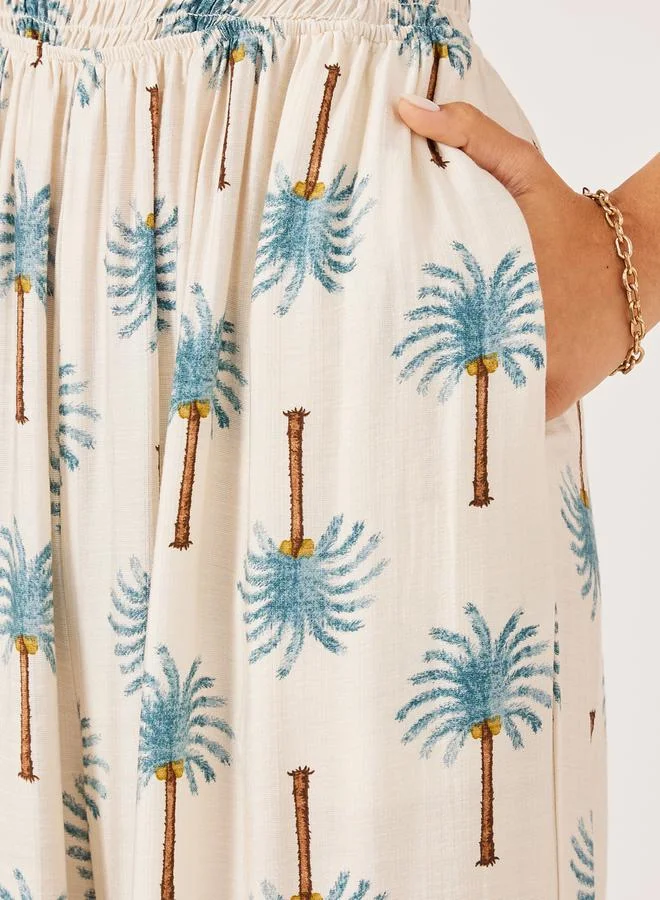 Styli Blue Palm Print Print Wide Leg Jumpsuit