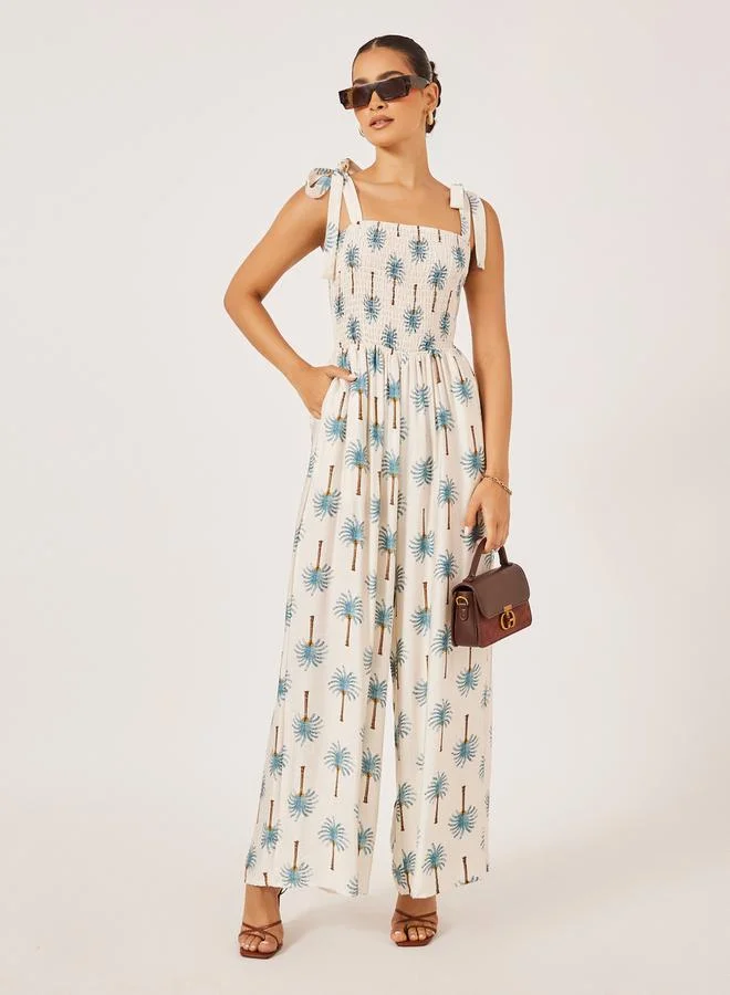 Styli Blue Palm Print Print Wide Leg Jumpsuit