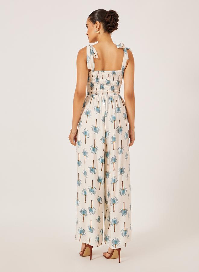 Styli Blue Palm Print Print Wide Leg Jumpsuit  - Image 5
