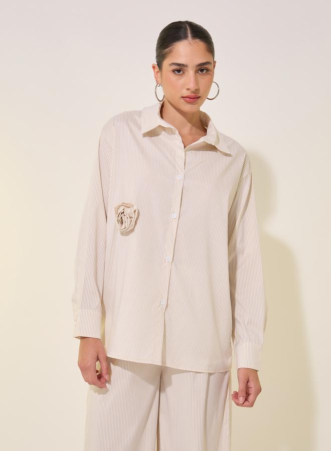 Take Two Striped Long Sleeve Shirt and Pants Co-Ords with Flower Detail - Image 3