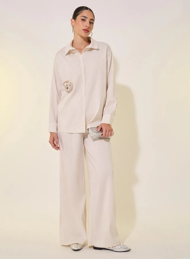 ستايلي Stripe 3D Floral Detail Long Sleeve Shirtand Pants Set