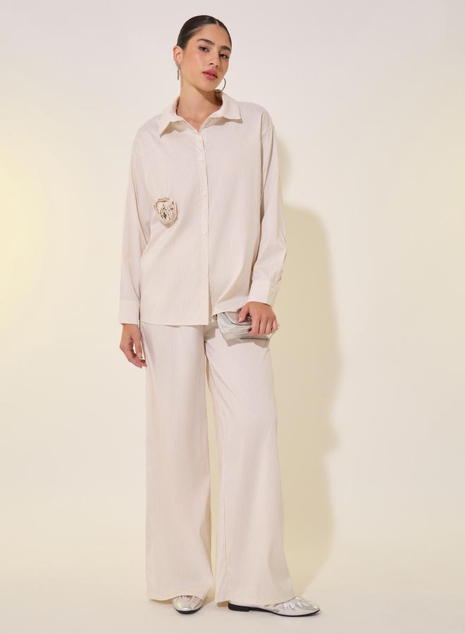 Take Two Striped Long Sleeve Shirt and Pants Co-Ords with Flower Detail - Image 2