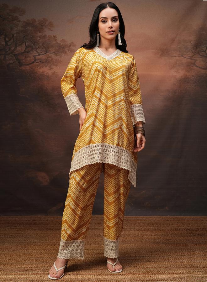 Vishudh Printed V-Neck Lace Trims Tunic with Trousers Co-Ords by Styli  - Image 1