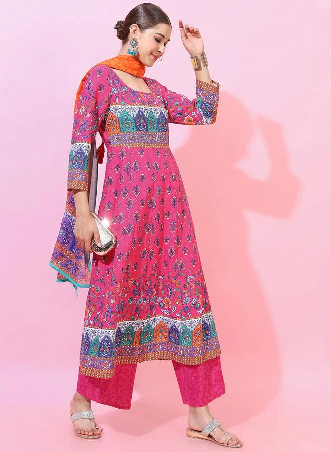 Vishudh Vishudh Women Multicolored Printed Cotton Kurta Set with Dupatta