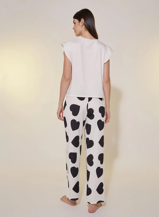 Take Two  Heart Print Ruffled Sleeve Top and Pyjama Set for Women | Best Price UAE