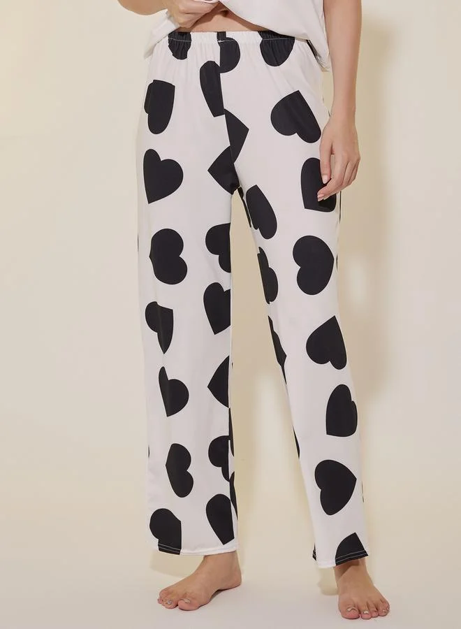 Take Two  Heart Print Ruffled Sleeve Top and Pyjama Set for Women | Best Price UAE