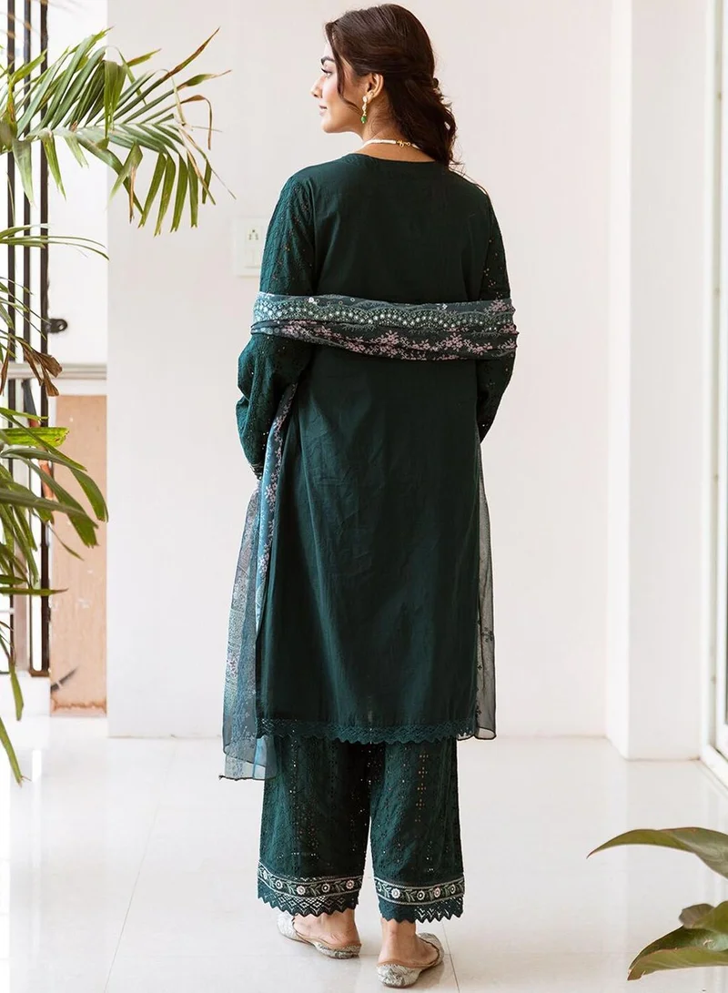 ISHIN Women Green Cotton Kurta set with Dupatta