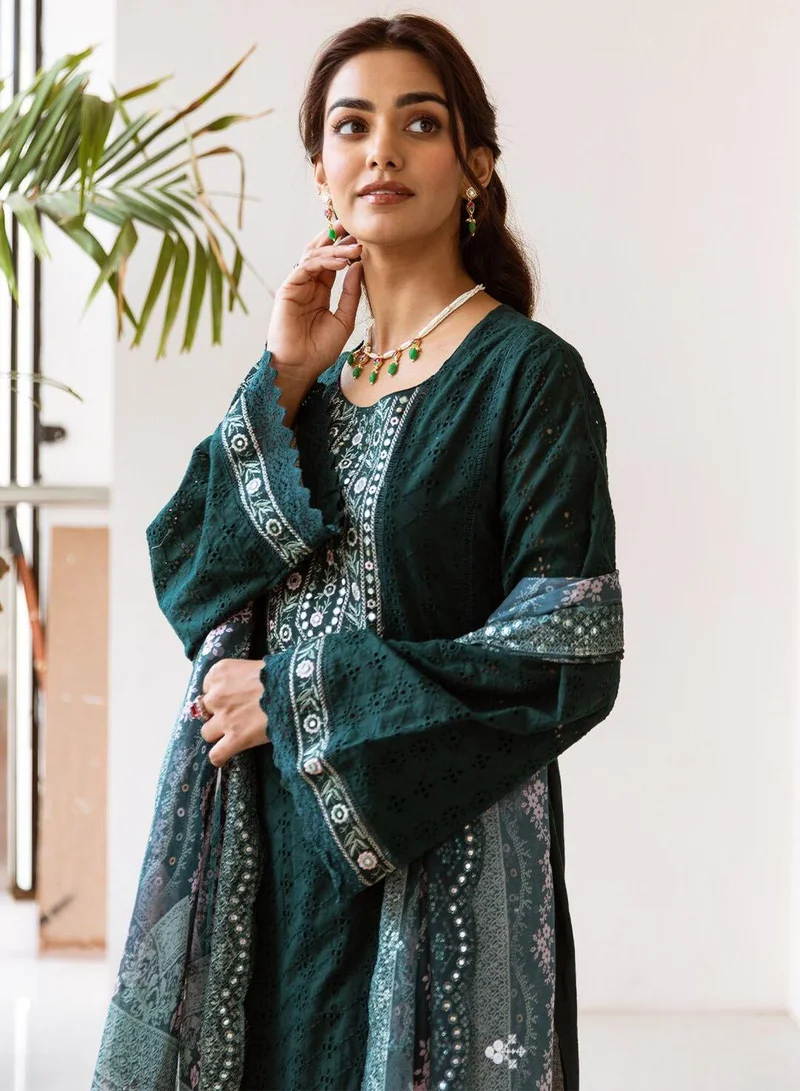 ISHIN Women Green Cotton Kurta set with Dupatta