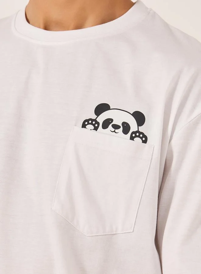 Styli Panda Graphic Print Pocket Detail Oversized T-Shirt