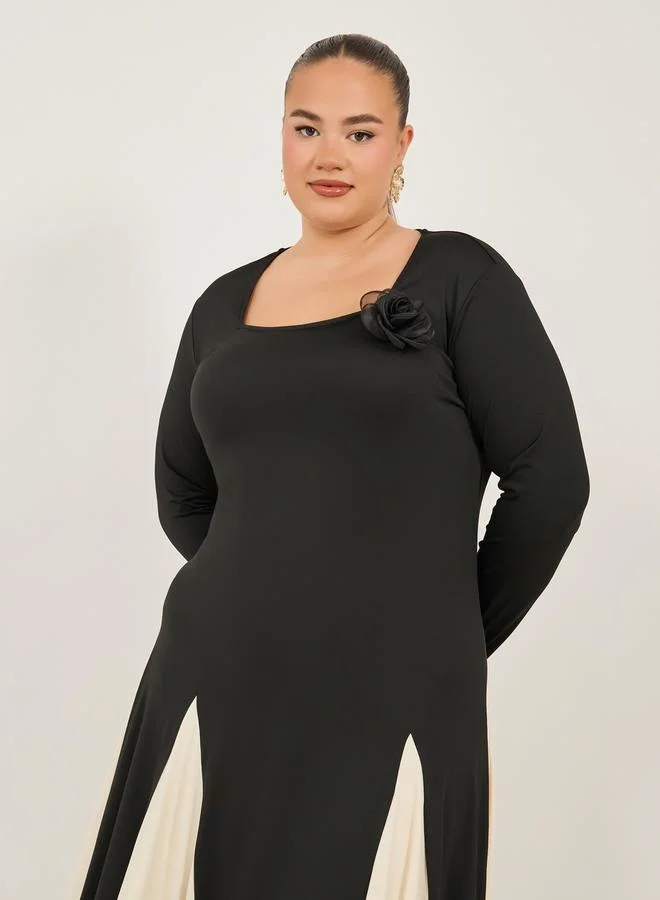 Styli Square Neck Color Block A-Line Maxi Dress