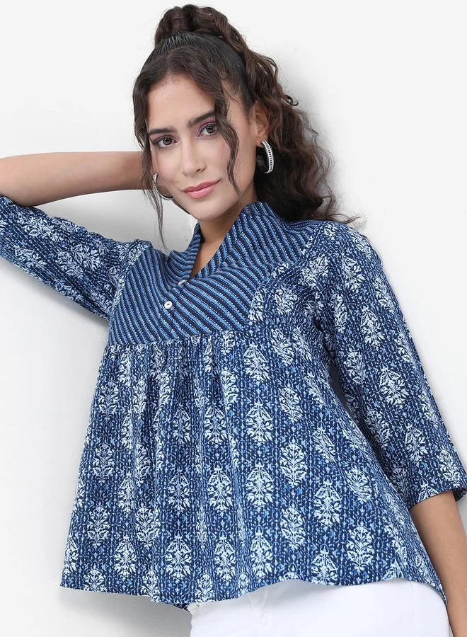 Vishudh Women Blue Floral Printed A-Line Top by Styli