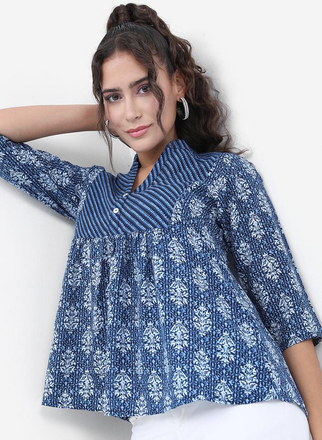 Vishudh - Women Blue Floral Printed A-Line Top by Styli - Image 1