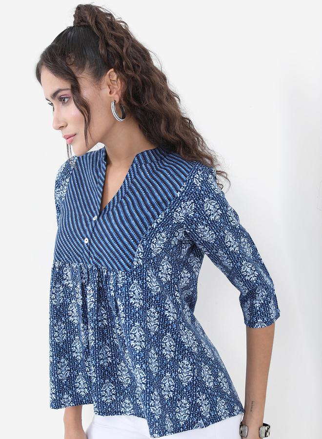Vishudh - Women Blue Floral Printed A-Line Top by Styli - Image 1