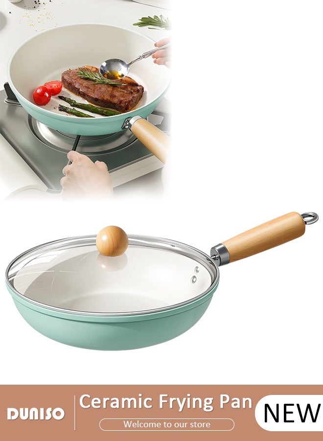 DUNISO مقلاة سيراميك خفيفة الوزن، 24 سم، صحية وغير سامة، غير لاصقة مع مقبض مقاوم للحرارة وغطاء زجاجي سميك، مقلاة أومليت قابلة للغسل ومقاومة للاهتراء ودرجات الحرارة العالية، متوافقة مع جميع أنواع المواقد، مثالية للقلي والطهي والتشويح. - Image 1