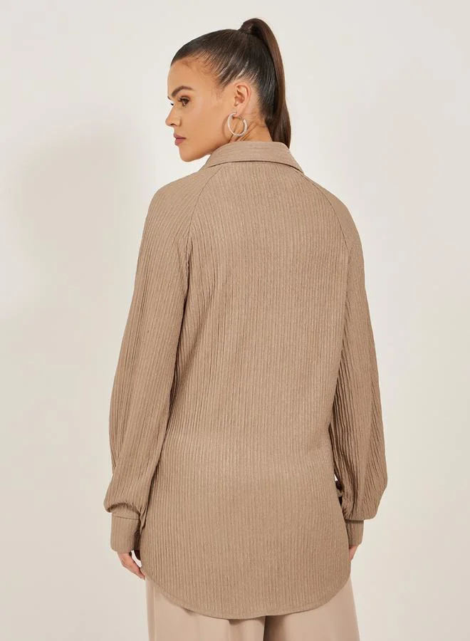 Styli Textured Knit Oversized Shirt with Raglan Sleeves