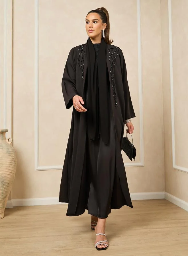 ستايلي hand embroidered abaya with beads in barbie crepe fabric and matching chiffon hijab