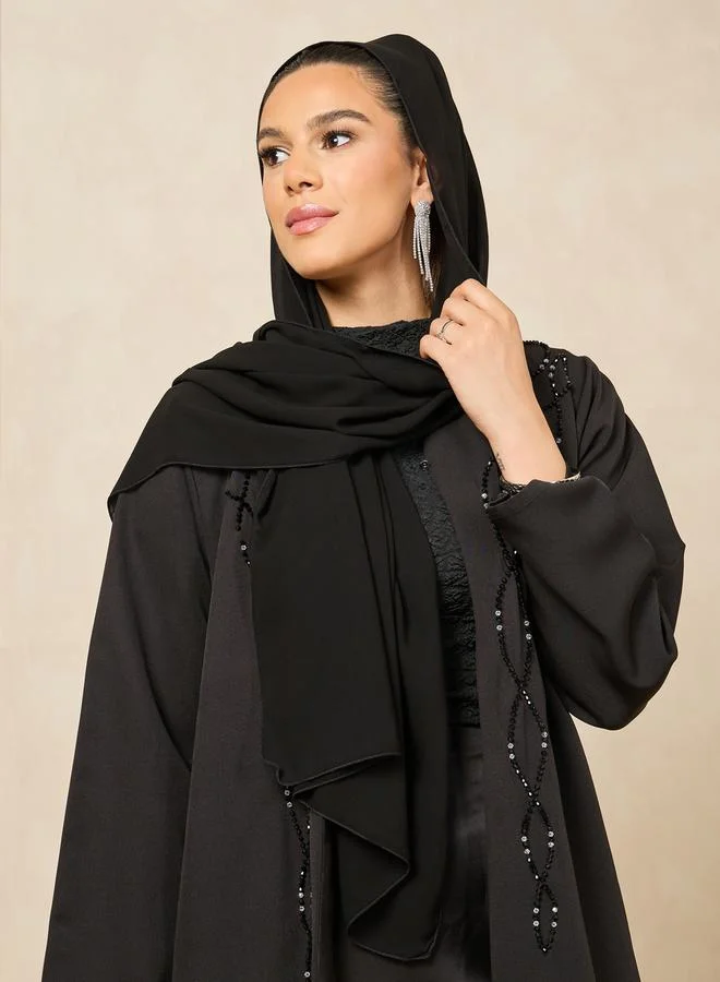 ستايلي hand embroidered abaya with beads in barbie crepe fabric and matching chiffon hijab