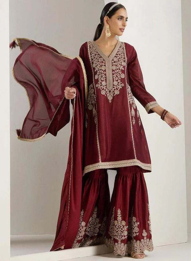 ISHIN Embroidered V-Neck Kurta and Sharara with Dupatta Set