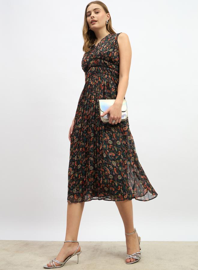 Styli Paisley Print Pleated A-Line Midi Dress - Image 1