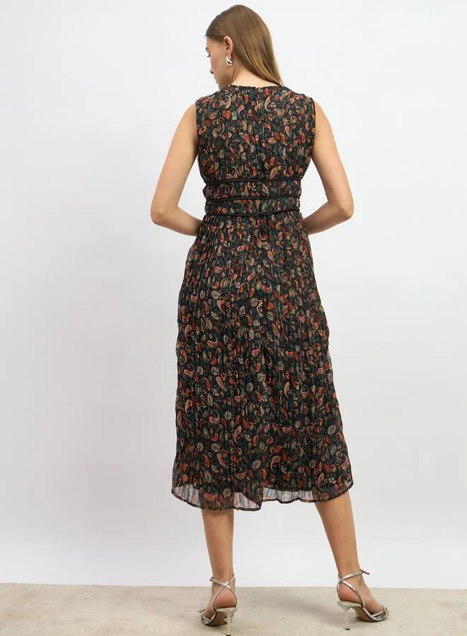 Styli Styli Paisley Print Pleated A-Line Midi Dress