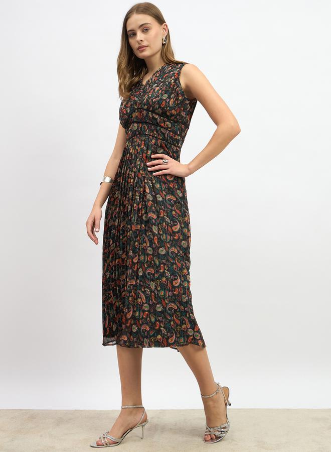 Styli Paisley Print Pleated A-Line Midi Dress - Image 3