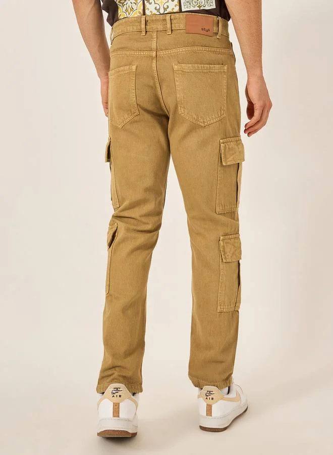 Styli Overdyed Mid Wash Cargo Bootcut Jeans