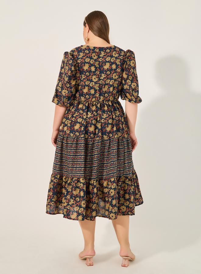 Styli Plus Size Floral Print V Neck Tiered Midi Dress  - Image 5