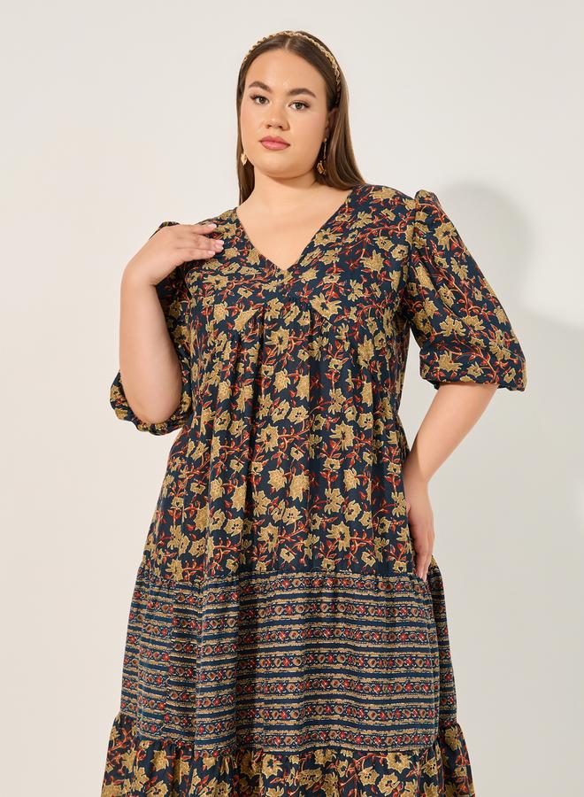 Styli Plus Size Floral Print V Neck Tiered Midi Dress  - Image 3