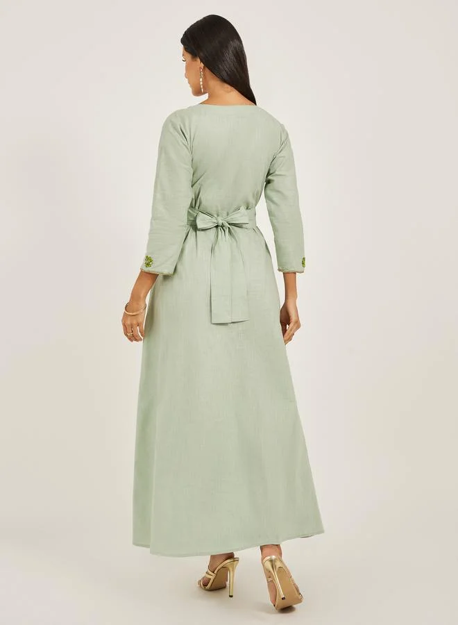 Maxim Creation Embroidered Notch Neck A-Line Jalabiya with Belt by Styli