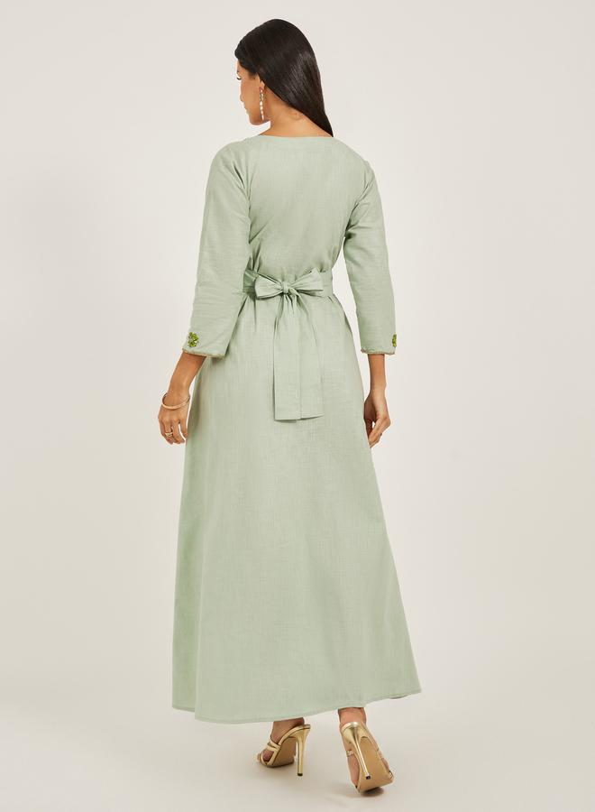Maxim Creation Embroidered Notch Neck A-Line Jalabiya with Belt by Styli  - Image 5