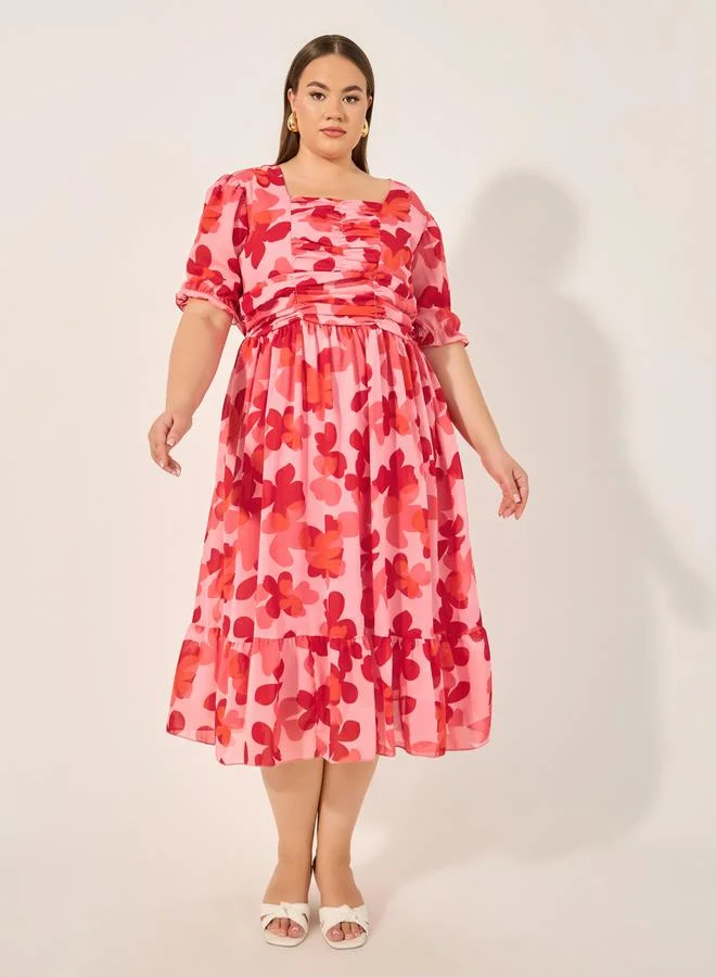 Styli Plus Size Floral Print Ruched A-Line Midi Dress